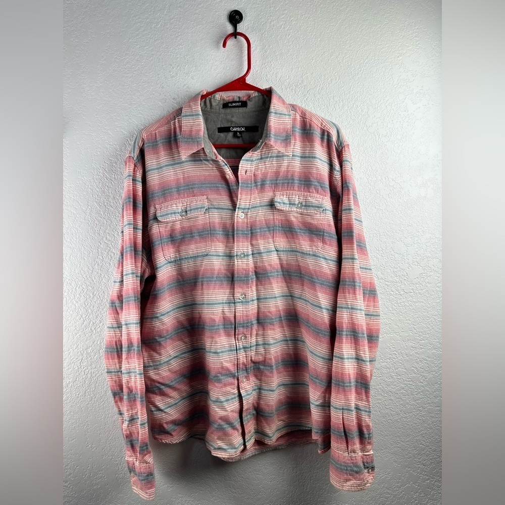Carbon  Blue/Pink Stripe Long sleeve Button Down Shirt Slim Fit (Small) NC0415